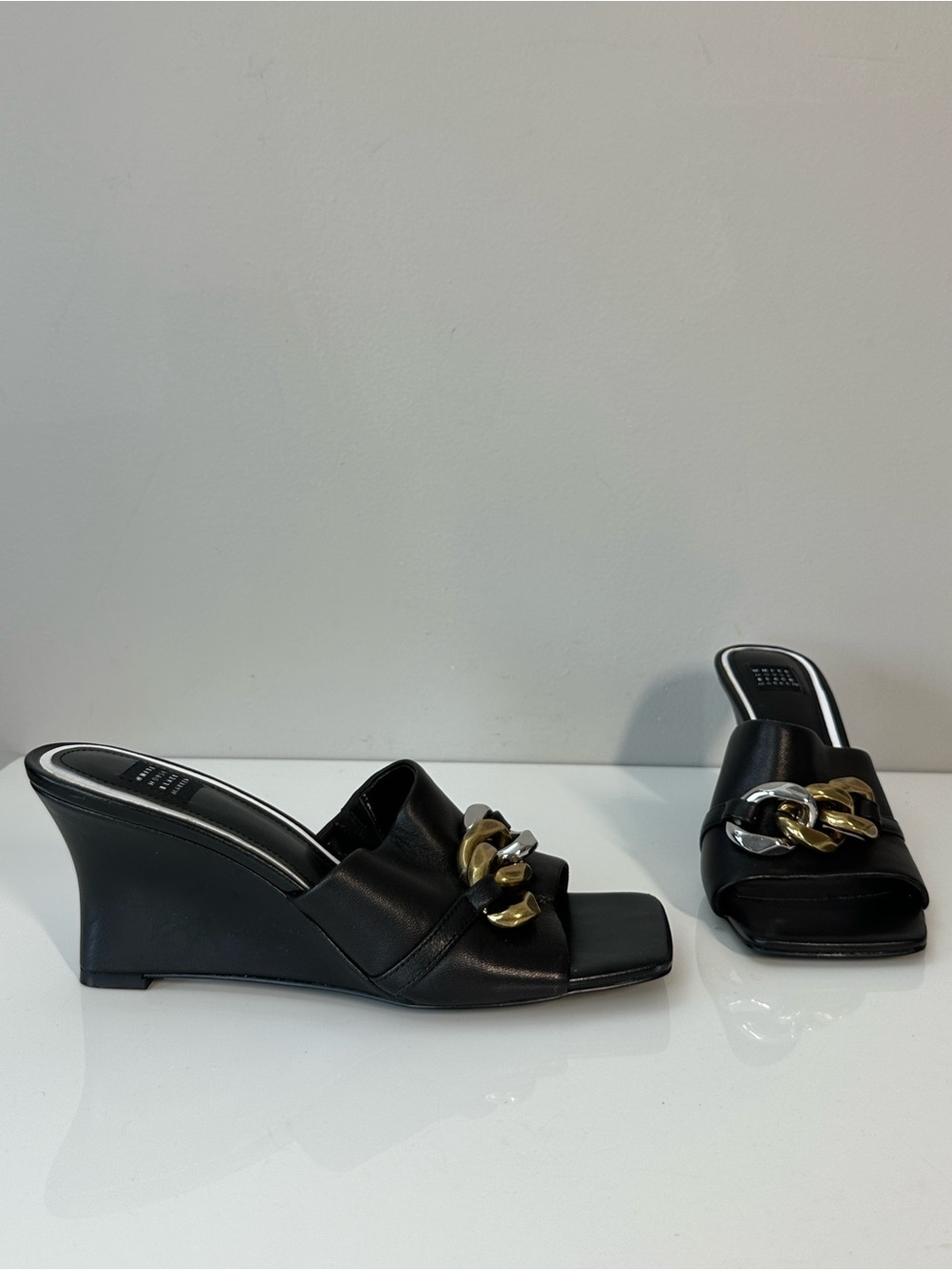 WHBM Black Wedges with Chain Accents Size 7.5 Square Toe Contemporary